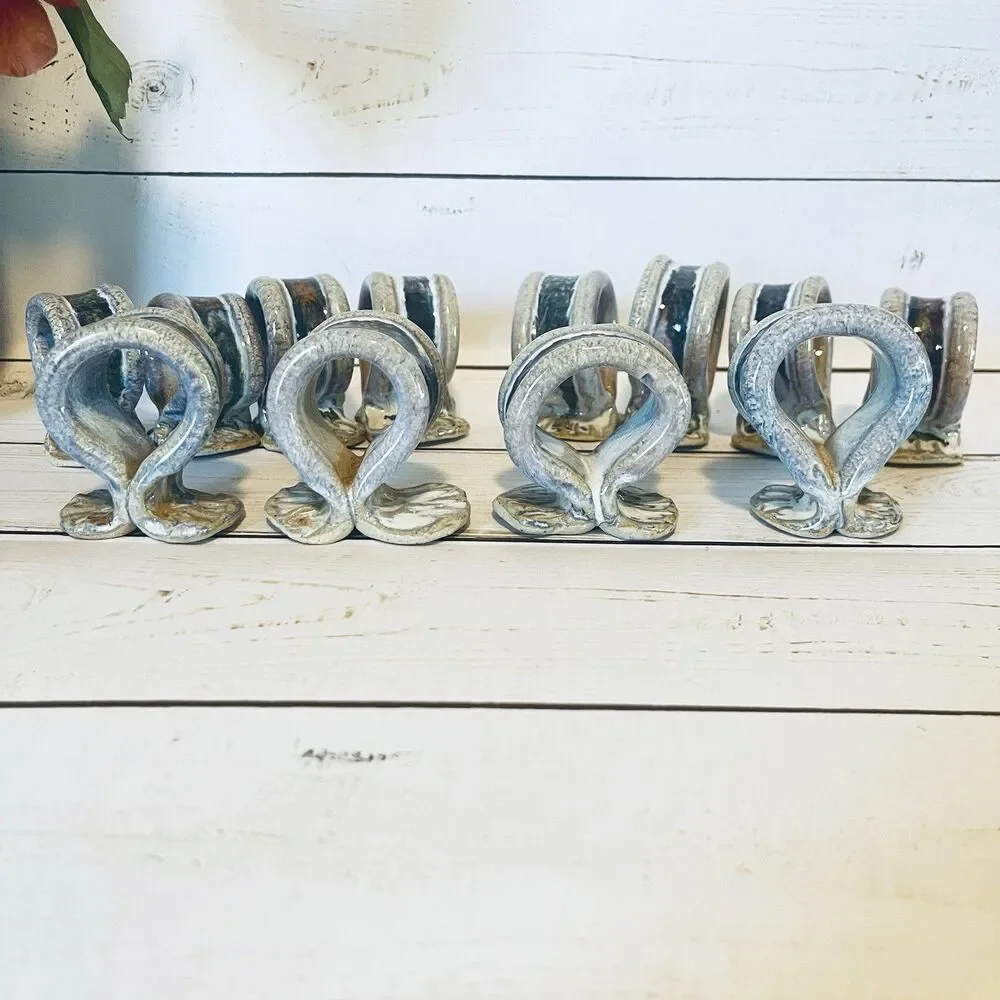 Handmade Ceramic Pottery Blue Napkin Rings Set of 12 Pc Blues Browns 2”h x 1”w